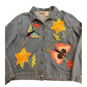VTG Denim Jean Jacket‎ Embroidered Butterfly Floral Grunge Granny Bright XL